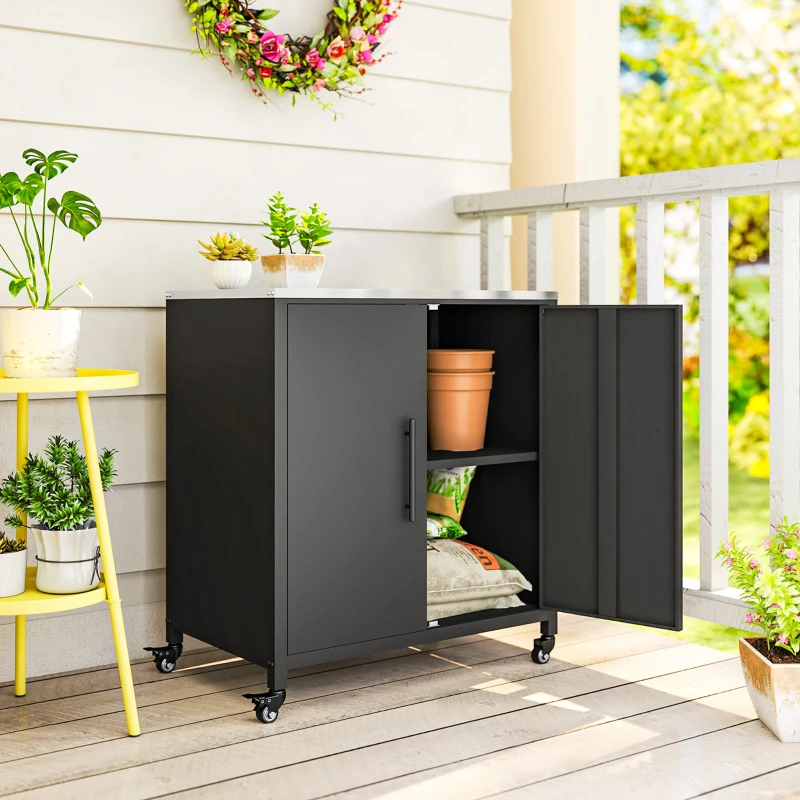 Outsunny Gartenschrank mit Pflanztisch Geräteschuppen mit Edelstahl Arbeitsplatte abnehmbar Regal magnetisch Doppeltür Rolle