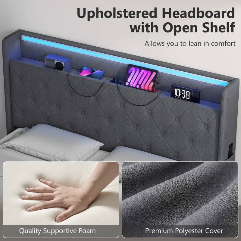 HOMCOM 4ft6 Double Bed Frame with Headboard, Platform Bed Frame with Hydraulic Storage, LED Lights and Charging Station, Grey