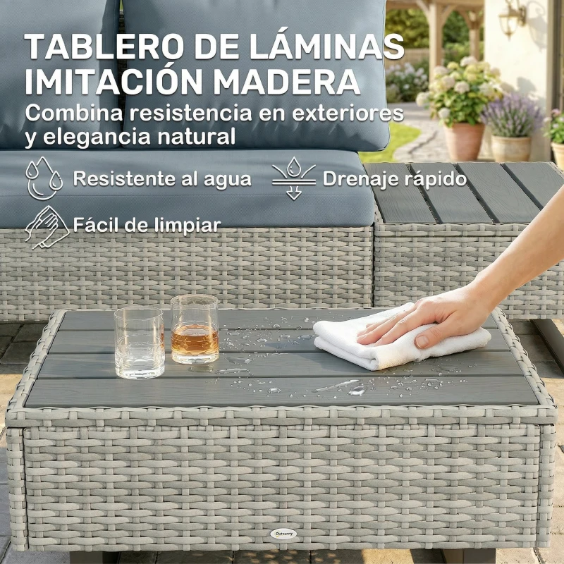 Outsunny Conjunto de Jardín de Ratán de 3 Piezas Respaldo Ajustable Incluye Cojines Sofá de 3 Plazas Sofá de 2 Plazas Mesa Gris