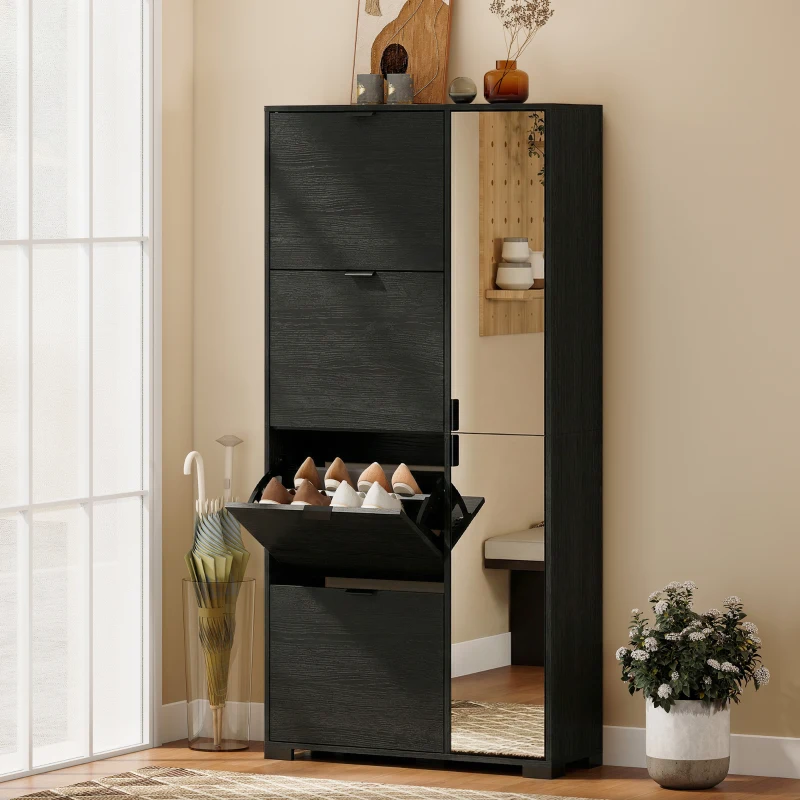 HOMCOM Schuhschrank mit Spiegel, 4 Klappschubladen, Schuhschrank für den Eingangsbereich, Schwarz