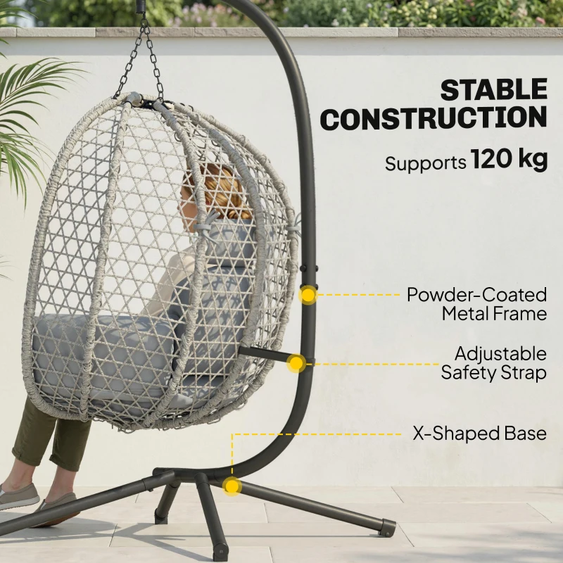Outsunny Hanging Egg Chair, Indoor Outdoor Rattan Hammock Swing Chair with Stand, Safety Strap, Foldable Basket, Light Grey