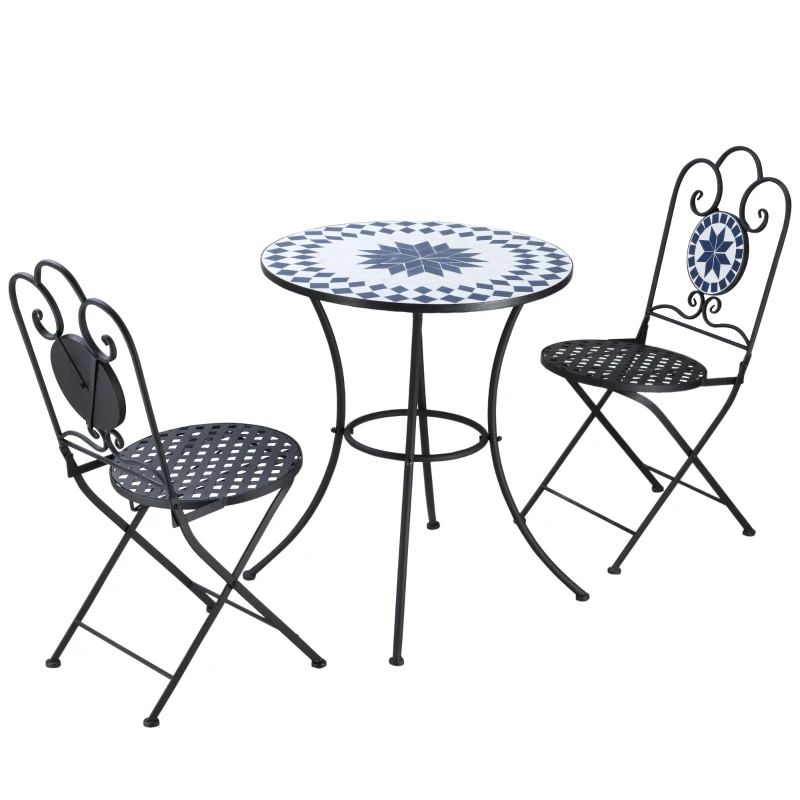 Outsunny Set da Giardino 3 Pezzi con 2 Sedie Pieghevoli e 1 Tavolino Rotondo a Mosaico