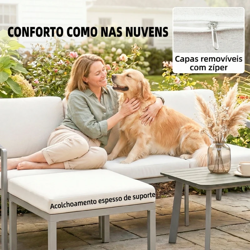 Outsunny Conjunto de Jardim de 3 Peças Sofá Exterior em L com Sofá de 3 Lugares Apoio para os Pés Mesa de Ripas e Almofadas de 10 cm Castanho e Bege