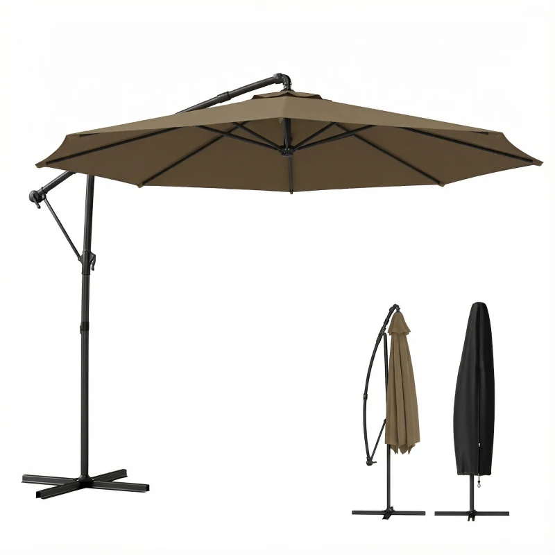Outsunny 3 m Garden Cantilever Parasol with Cover, Round Overhanging Umbrella with 360° Rotation, Tilt, Khaki
