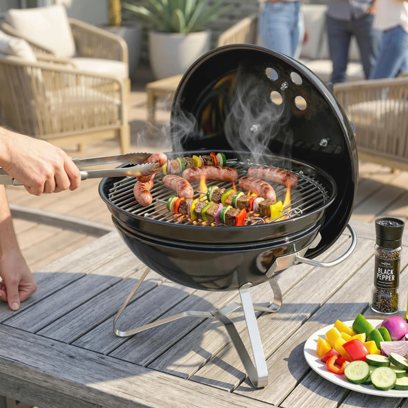 Outsunny Barbacoa de Carbón Portátil Barbacoa de Carbón Redonda Tapa con Soporte Rejilla Ventilación Ajustable Ø41x44 cm Negro