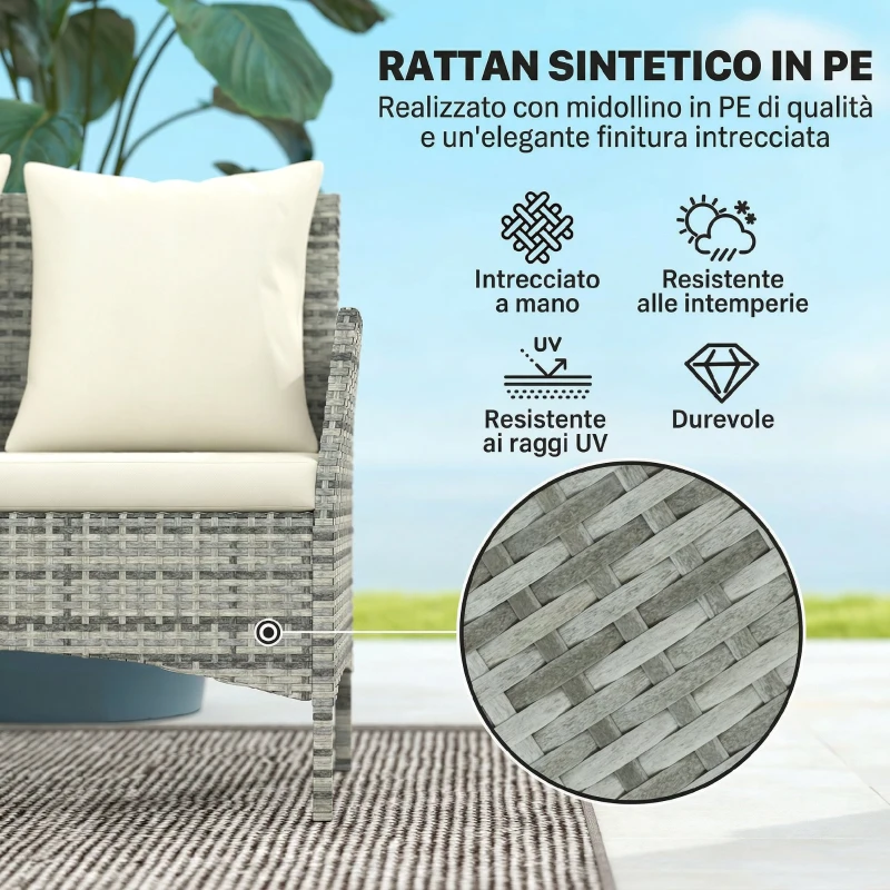 Outsunny Set Salotto da Giardino 4 Pezzi in Rattan con Divano a 2 Posti, 2 Sedie, Tavolino da Caffè, Grigio