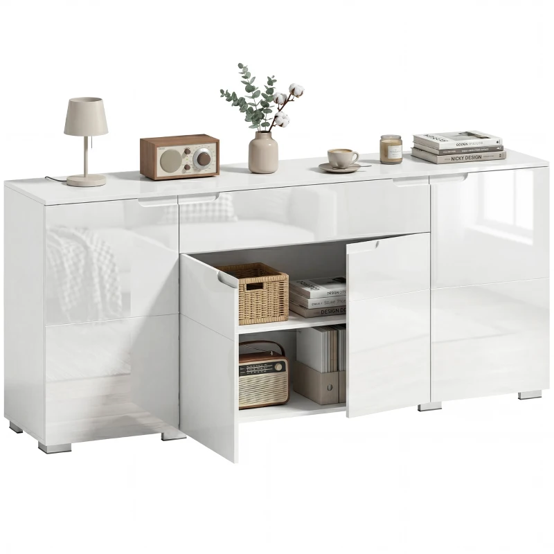 HOMCOM Aparador alto brilho, buffet moderno com 4 portas e prateleiras ajustáveis, armário de cozinha com fecho suave, Branco