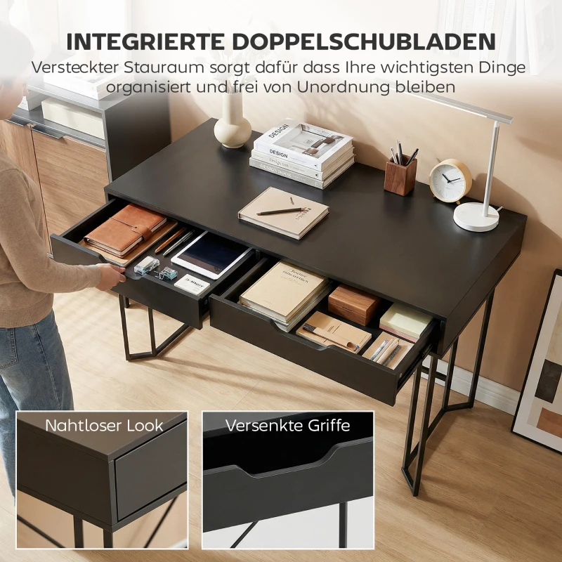 HOMCOM Kleiner Computertisch mit 2 Schubladen, Schreibtisch mit großer Arbeitsfläche 120 x 60 x 77 cm Schwarz