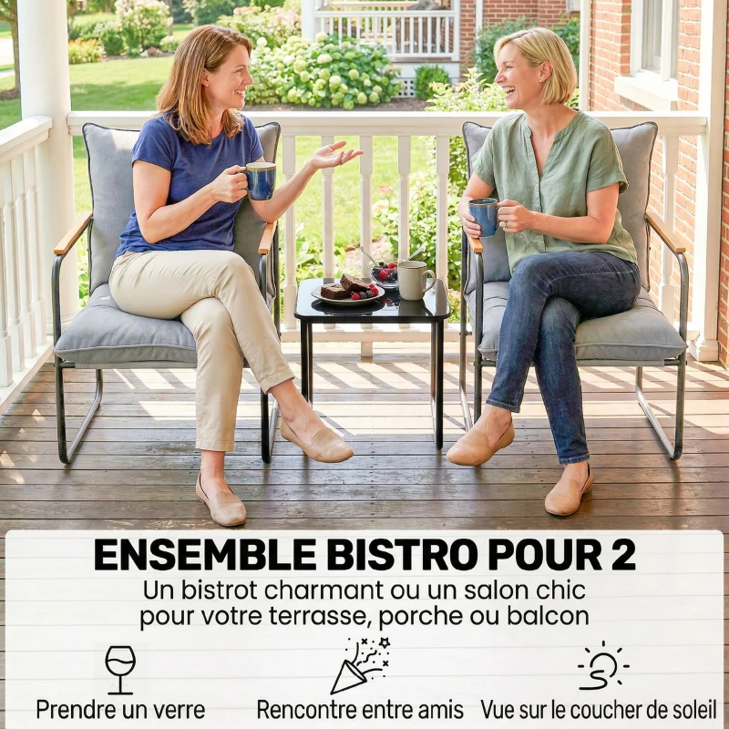 Outsunny Salon de Jardin 3 Pièces, 2 Fauteuils avec Coussins Épais, 1 Table Basse en Verre Trempé, 59x73x72cm, Gris Foncé