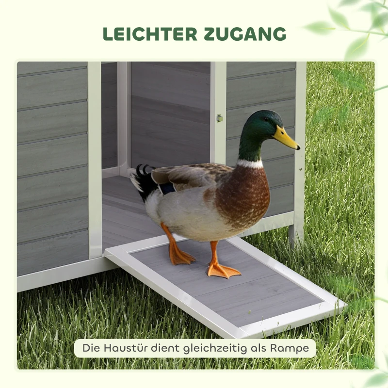 PawHut Eendenhok waterbestendig eendenhuis van hout met uitneembare bodem schuifvenster opklapbaar asfaltdak 93x70x72cm Grijs
