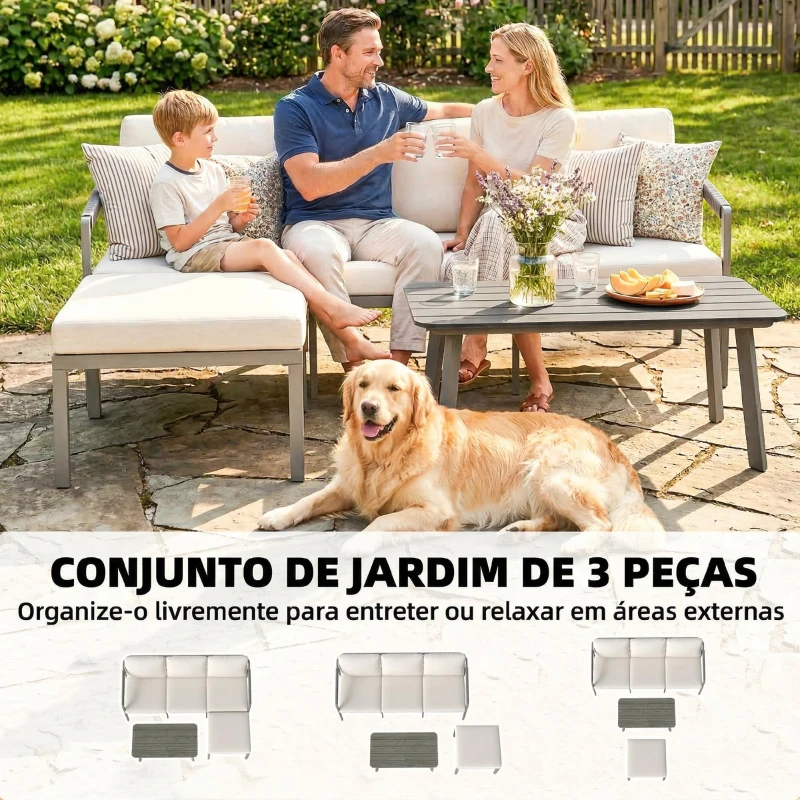 Outsunny Conjunto de Jardim de 3 Peças Sofá Exterior em L com Sofá de 3 Lugares Apoio para os Pés Mesa de Ripas e Almofadas de 10 cm Castanho e Bege