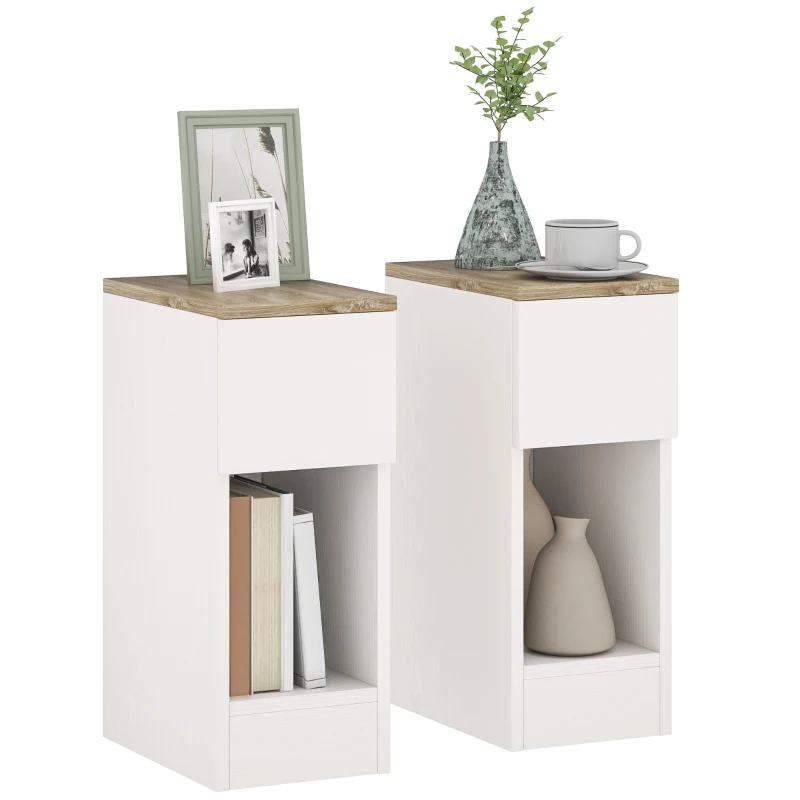 HOMCOM Set di 2 Comodini Moderni con Cassetto e Ripiano in Legno, 20x30x50 cm, Bianco e Rovere