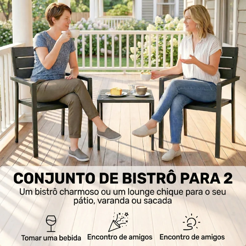 Outsunny Conjunto de Jardim de 3 Peças com 2 Cadeiras e Mesa de HDPE Design com Ripas Efeito Madeira para Varanda Preto