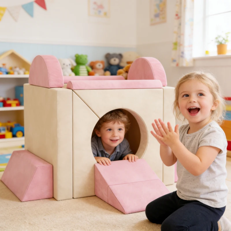 AIYAPLAY Kids Play Sofa, 12 Pieces Foam Modular Soft Play Set for Playroom, Children Convertible Sofa for Boys and Girls, Pink