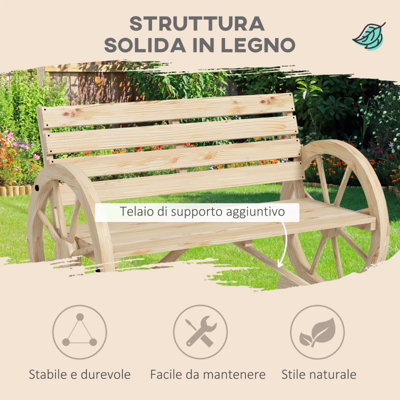 Outsunny Panchina da Giardino 2 Posti a Doghe con Braccioli a Ruota di Carro, in Legno, 105.5x56x79 cm, color Legno