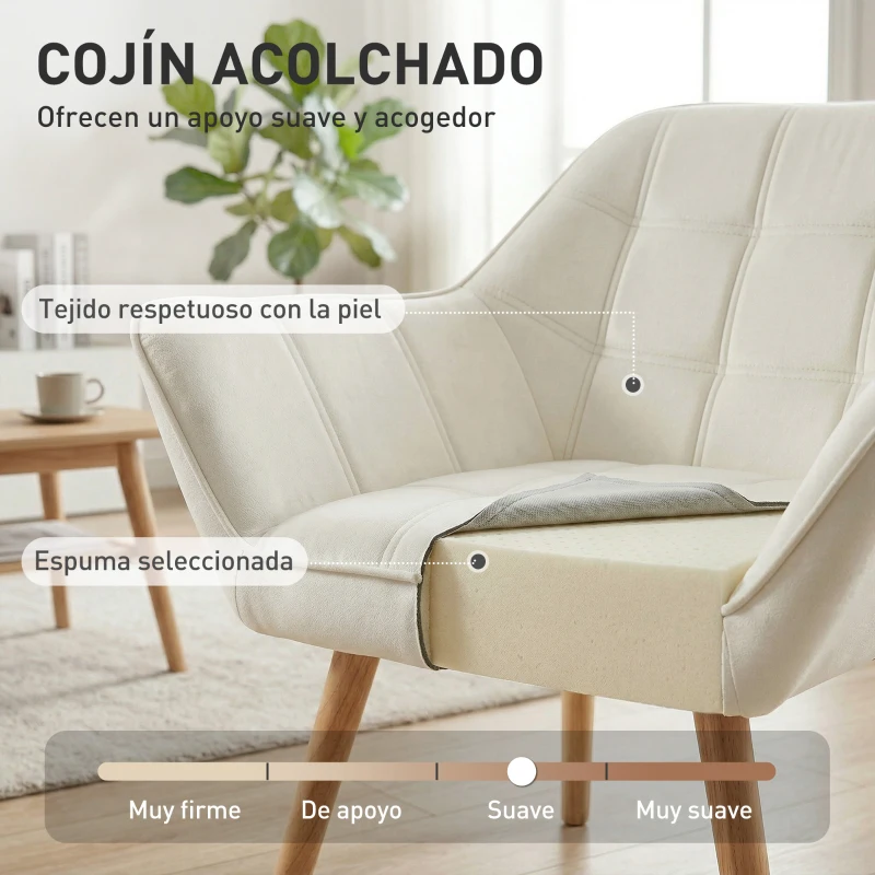 HOMCOM Butaca de Salón Moderna Tapizado en Terciopelo con Patas de Madera Sillón Relax para Sala de Estar Crema