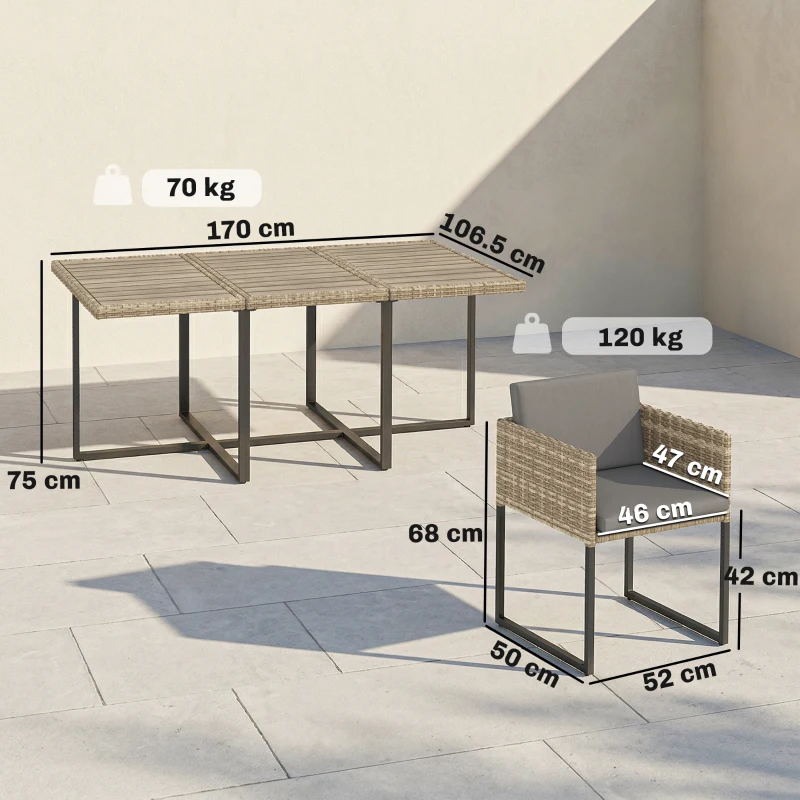 Outsunny 7 Piece Rattan Garden Furniture Set, Garden Dining Set with Wood-Plastic Table and 6 Stackable Chairs, Light Brown