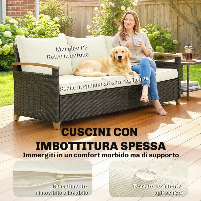 Outsunny Divanetto da Esterno a 3 Posti in Rattan PE con Braccioli Effetto Legno e Cuscini Lavabili, Marrone e Crema
