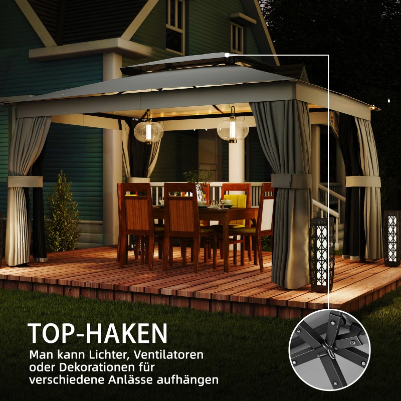 Outsunny Pavillon 3,8x3m Wasserabweisend Stabil Winterfest Gartenpavillon mit Doppeldach Vorhänge Moskitonetz Haken Dunkelgrau