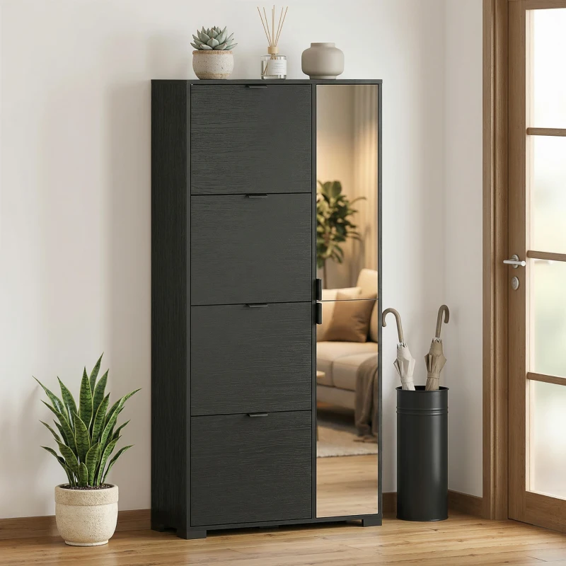 HOMCOM Schuhschrank mit Spiegel, 4 Klappschubladen, Schuhschrank für den Eingangsbereich, Schwarz