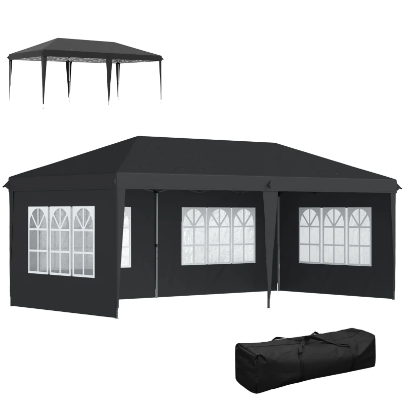 Outsunny Pavillon ca. 3x6m Wasserdicht Pop-up Faltpavillon mit 4 Seitenwänden, Fenster UV-Schutz Tragetasche Schwarz