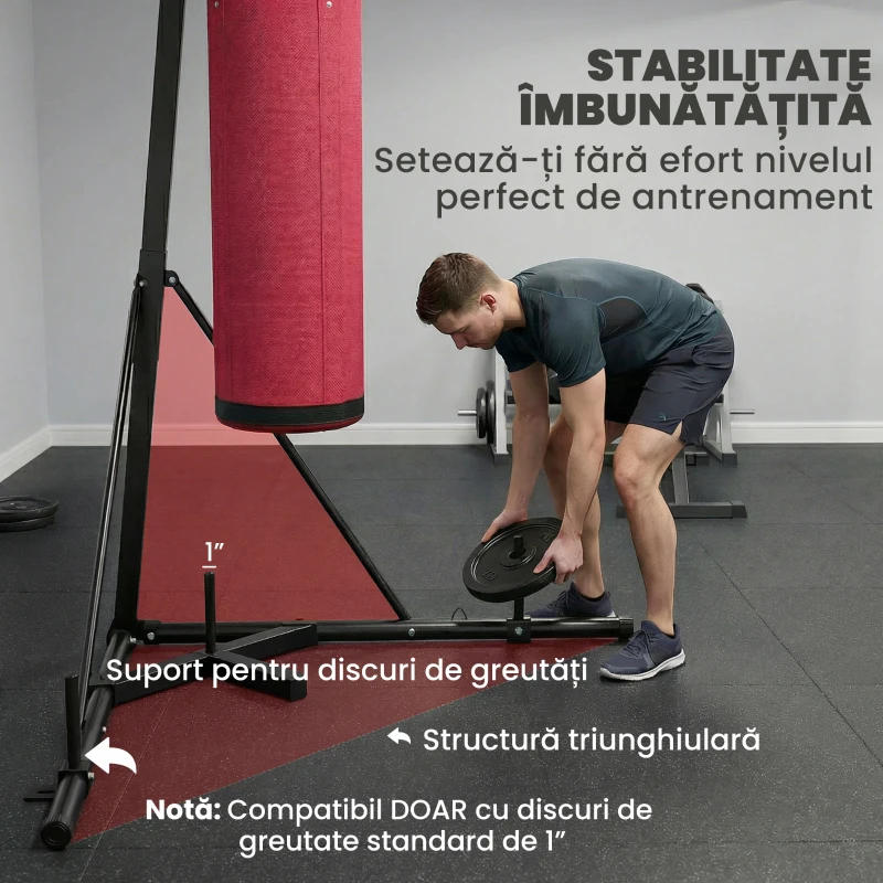 SPORTNOW Sac de Box cu Suport pentru Adulți, Înălțime Reglabilă 185-231 cm, Suport de Box cu Bază Triunghiulară, Sac din Pânză, Bare pentru Greutăți de 2,5 cm, pentru Antrenament Fitness Acasă, Roșu