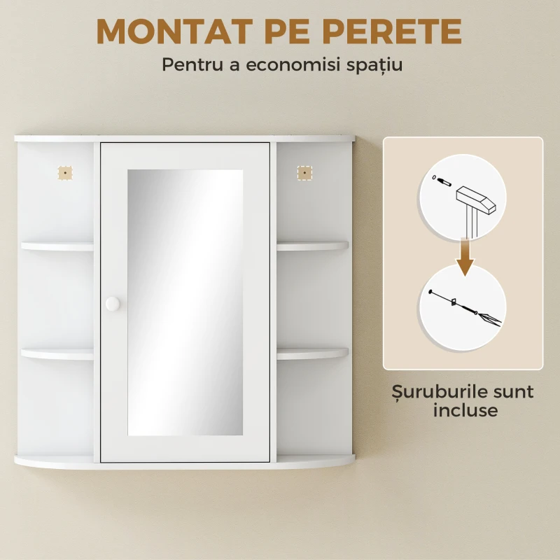 Homcom Dulapior Baie cu Oglinda – Lemn Alb 66×17×63 cm