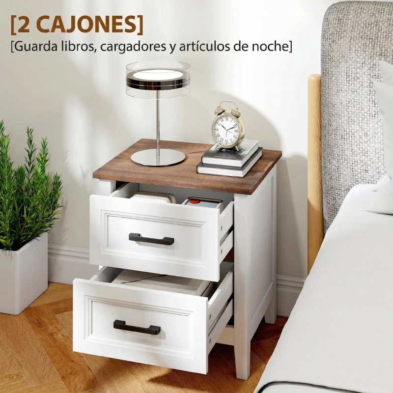HOMCOM Mesilla de Noche con 2 Cajones Estilo Rústico Mesita para Salón Dormitorio 45x30x50 cm Blanco
