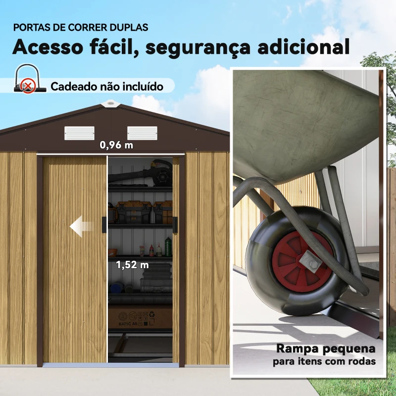 Outsunny Abrigo de Jardim Exterior 4,9 m² 277x195x192 cm com Porta de Correr Ventilação e Kit de Fundação Castanho