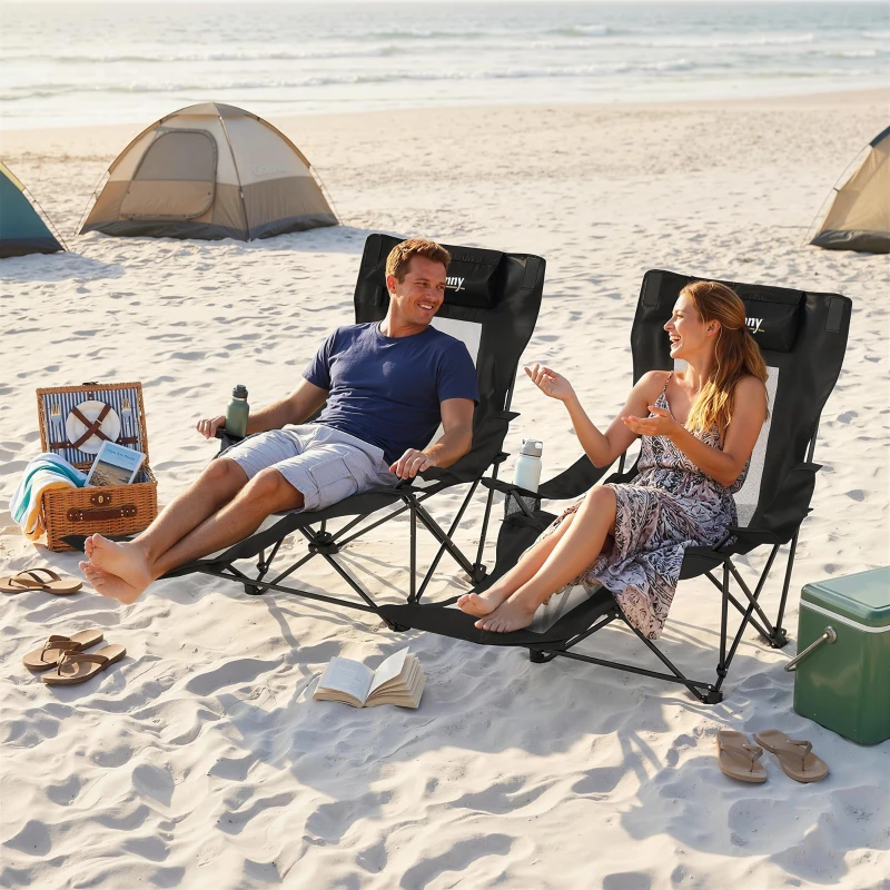 Outsunny Conjunto de 2 Cadeiras Dobráveis de Campismo com Encosto Ajustável 4 Níveis Apoio para os Pés Removível 165x80x90 cm Preto