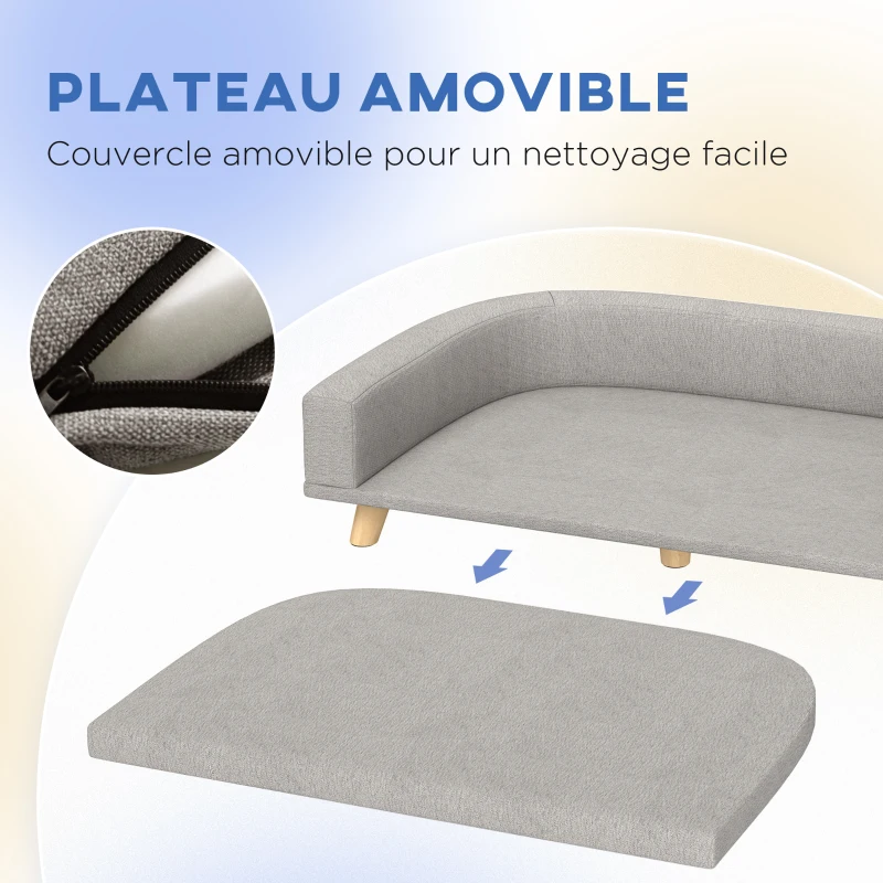 PawHut Canapé pour chien grand lit surélevé pour chien coussin lavable cadre en bois tissu polyester 98 x 67 x 25 cm gris