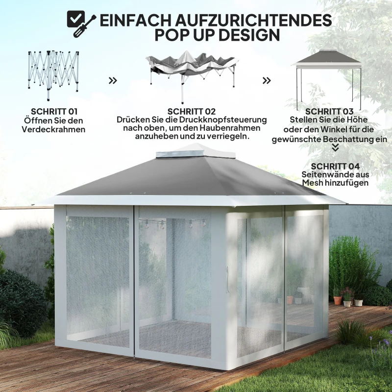 Outsunny Faltpavillon, Gartenpavillon, Metall und Stoffplane, Netzvorhänge, Entwässerungslöcher, 330L x 330B x 288H cm, Grau
