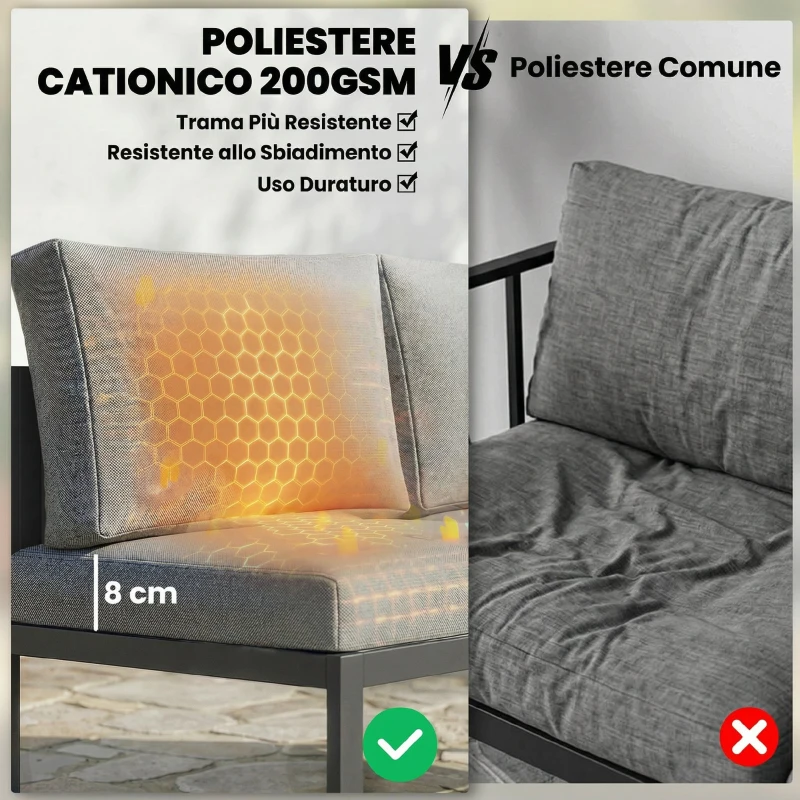 Outsunny Set Divano Angolare da Giardino in Metallo, 3 Poltrone, Tavolino Effetto Legno, Grigio Scuro