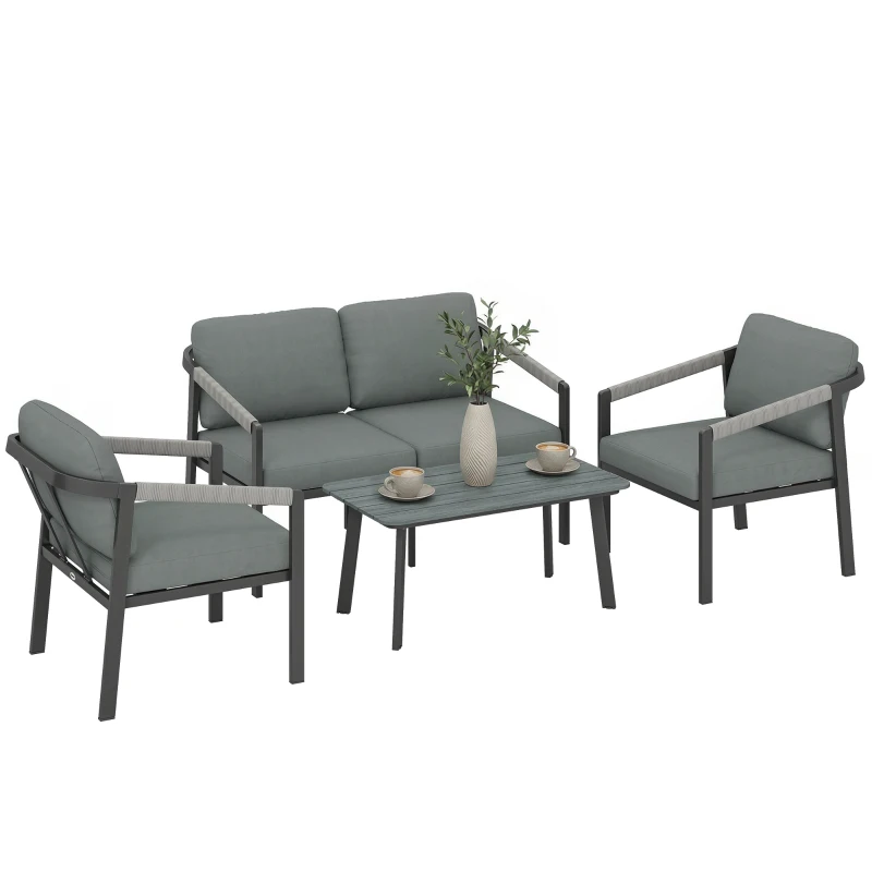 Outsunny Aluminium Garden Furniture Set, 4 Seater Outdoor Patio Furniture with Loveseat, 2 Armchairs, Slatted Table