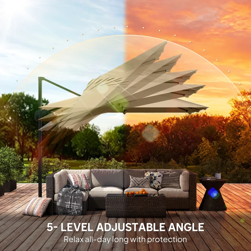 Outsunny 3 x 3 m Cantilever Parasol, Square Patio Umbrella with Crank Handle, Cross Base, Tilt, 360° Rotation, Khaki