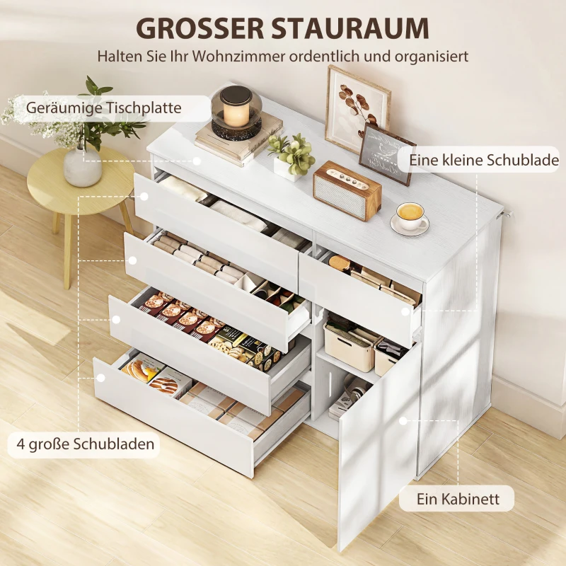 HOMCOM Modern dressoir, opbergdressoir met 5 lades, verstelbare plank, soft-close deur, hoogglans wit