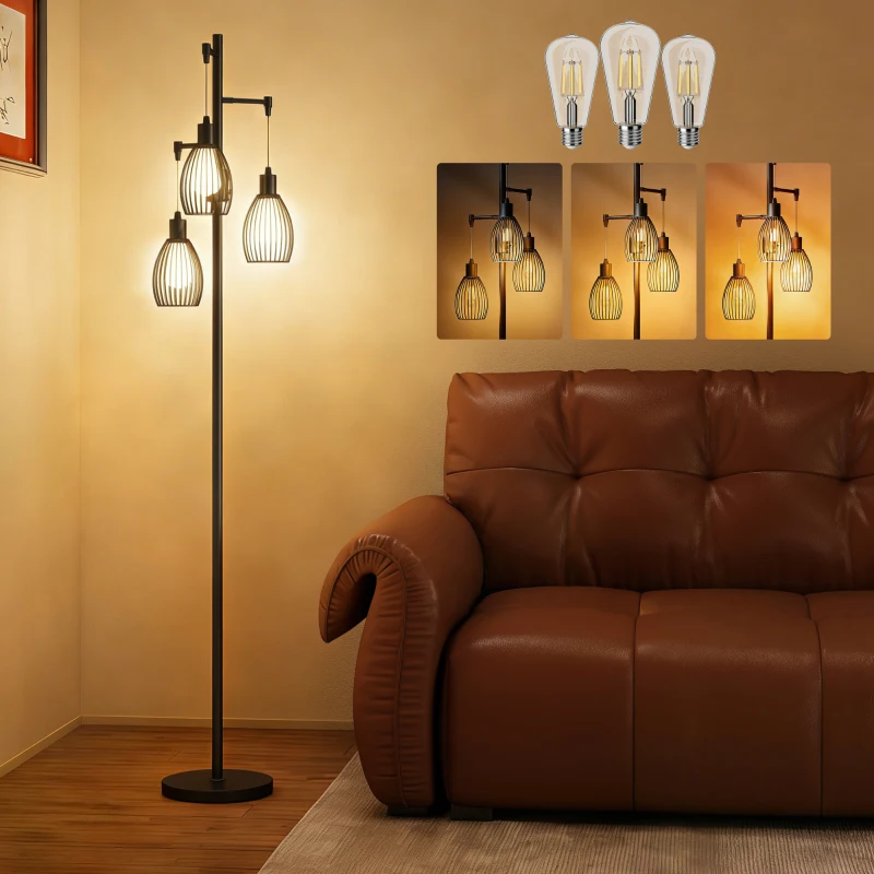 HOMCOM 3-Light LED Floor Lamp, 170cm Industrial Dimmable Standing Lamp with Steel Wire Cage Lampshades, 2700K for Living Room, Bedroom, Dining Room, Study, Black