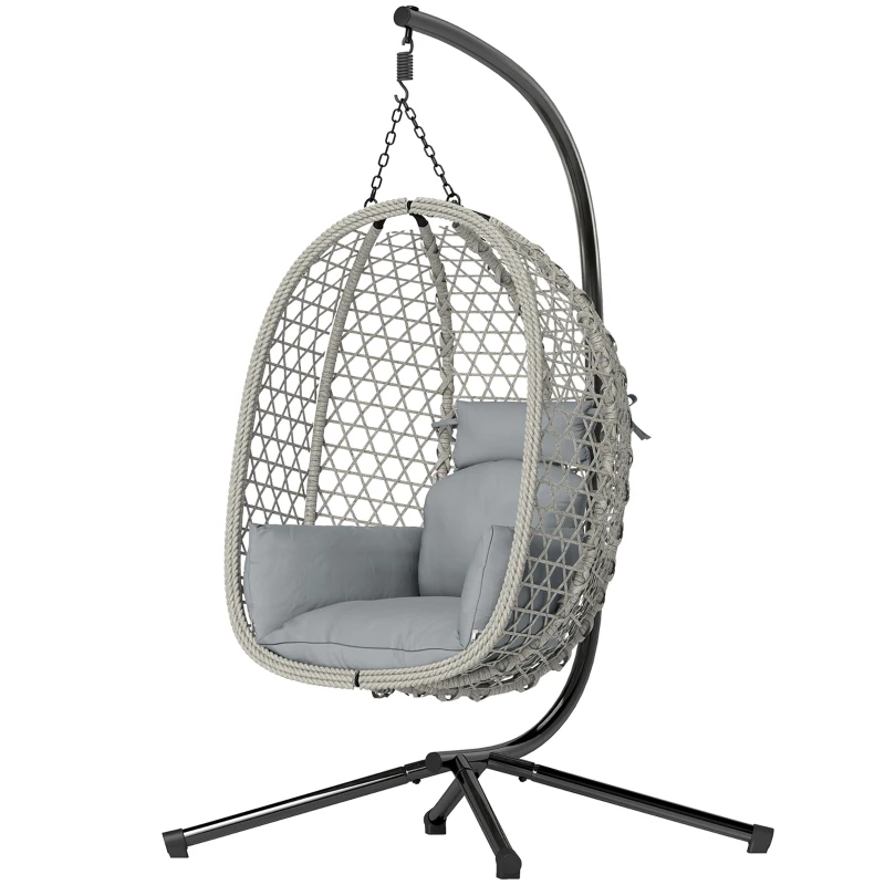 Outsunny Hanging Egg Chair, Indoor Outdoor Rattan Hammock Swing Chair with Stand, Safety Strap, Foldable Basket, Light Grey