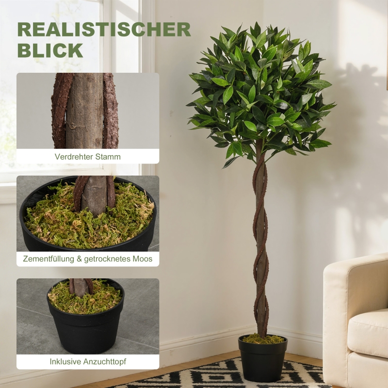 Outsunny 2er-Set Künstlicher Lorbeerbaum, 120 cm, Kunstpflanzen im Zementtopf, Kunststoff-Pflanzen für drinnen und draußen, Grün