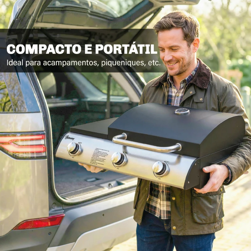 Outsunny Barbecue a Gás BBQ com 3 Queimadores 7,5 kW com Grelha Placa Prateleira Lateral Conversível Termómetro Preto