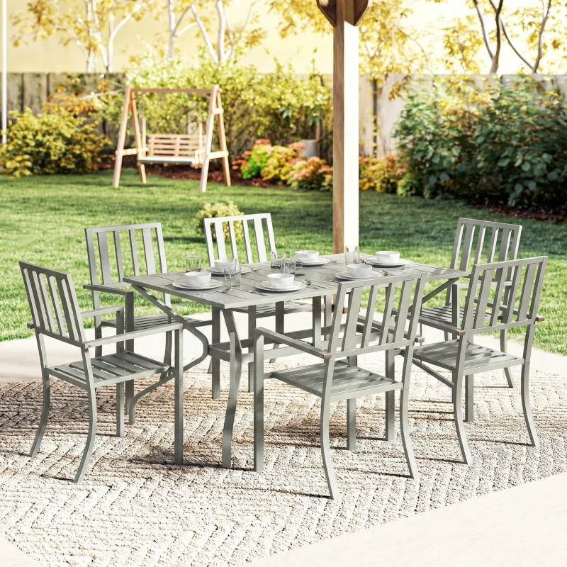 Outsunny 7 Pieces Garden Table and Chairs, 6 Seater Outdoor Table and Chairs with Umbrella Hole, for Garden, Light Grey