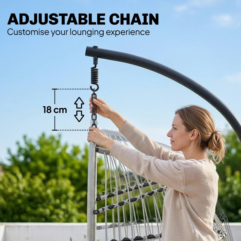 Outsunny Hanging Egg Chair, Indoor Outdoor Hammock Swing Chair with Stand, Safety Strap, Foldable Basket, Light Grey