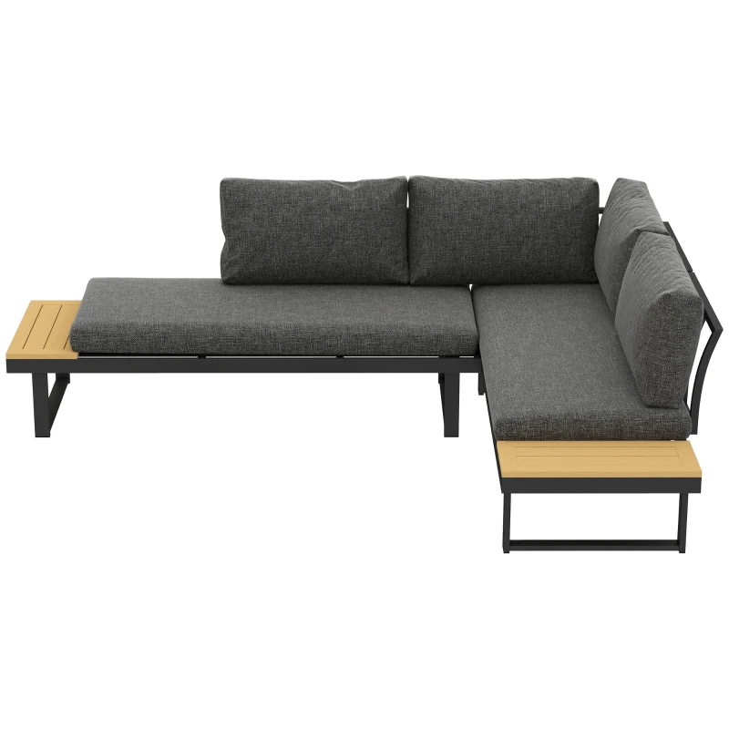 Outsunny 4 Seater L Shaped Aluminium Sectional Garden Furniture Set with 2 Loveseats and Wood-Plastic Coffee Table - Natural Wood