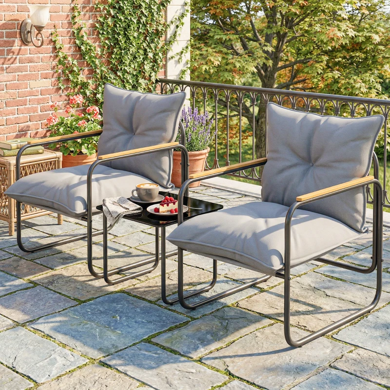 Outsunny Salon de Jardin 3 Pièces, 2 Fauteuils avec Coussins Épais, 1 Table Basse en Verre Trempé, 59x73x72cm, Gris Foncé