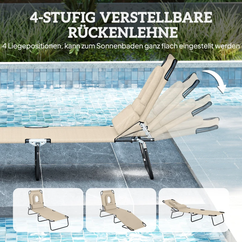 Outsunny Sonnenliege mit Gesichtsloch & Kissen, klappbar, wasserabweisender Bezug, Metallrahmen, Beige
