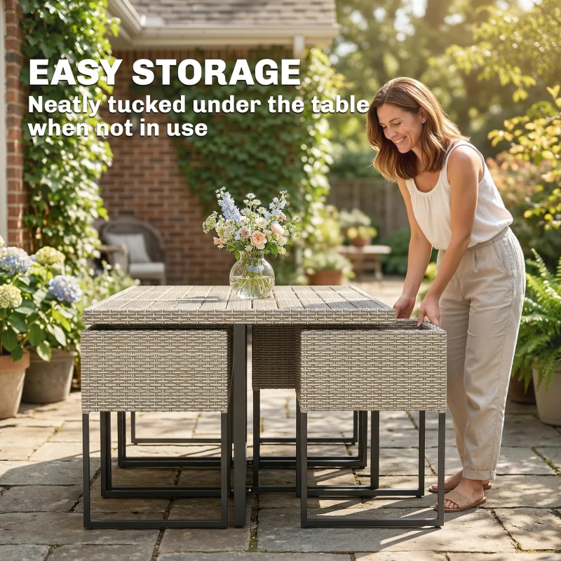 Outsunny 7 Piece Rattan Garden Furniture Set, Garden Dining Set with Wood-Plastic Table and 6 Stackable Chairs, Light Grey