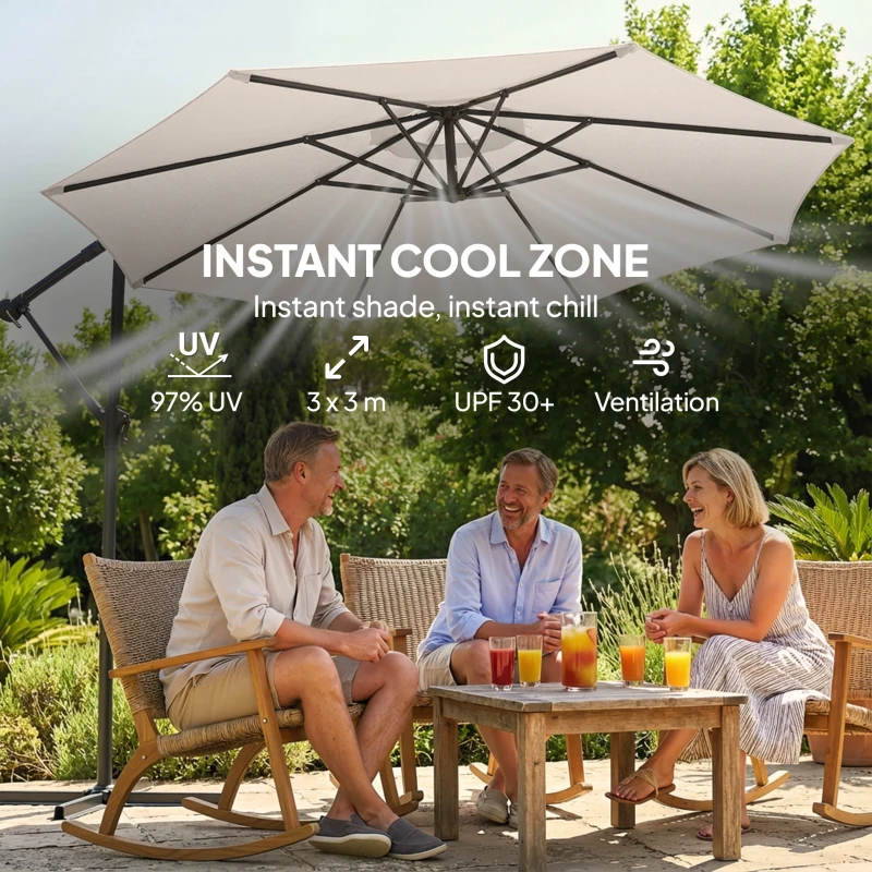 Outsunny 3 m Garden Cantilever Parasol with Cover, Round Overhanging Umbrella with 360° Rotation, Tilt, Cream White