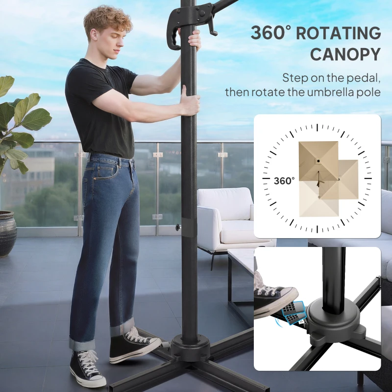 Outsunny 3 x 3 m Cantilever Parasol, Square Patio Umbrella with Crank Handle, Cross Base, Tilt, 360° Rotation, Khaki