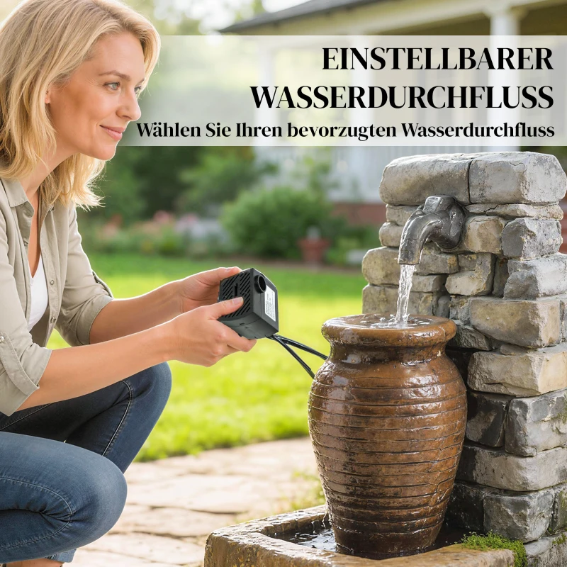 Outsunny Gartenbrunnen mit einstellbarem Wasserfluss und 3-stufiger rustikaler Steinwand im Krugdesign