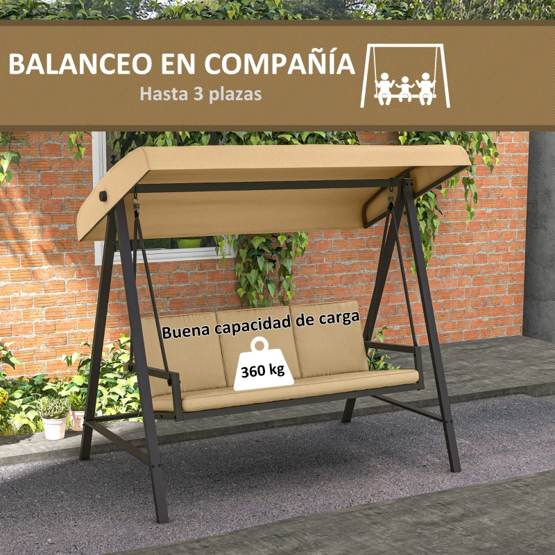 Outsunny Balancín de Jardín de 3 Plazas Columpio Exterior Jardín con Toldo Ajustable Cojines Extraíbles 200x125x175 cm Beige